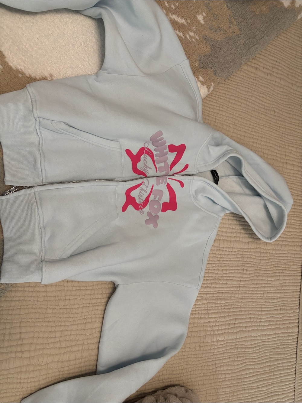 White Fox Light Blue Zip-Up Hoodie with Pink Graphic